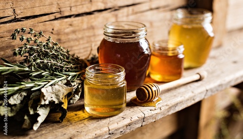 Glass Jars with Different Types of Honey on Vintage Wooden Shelf, Rustic Still Life with Honey Dipper, Fresh Rosemary, Thyme and Lavender, Organic Raw Honey and Healthy Natural Food Concept.