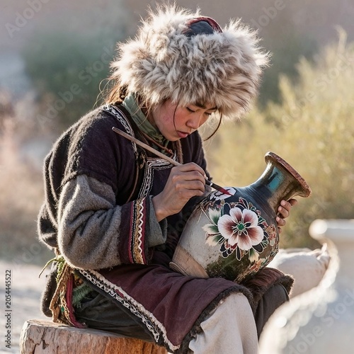 Young woman painting traditional pottery while sitting outdoors  