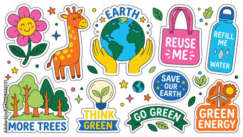 Cute eco-friendly and sustainability stickers, save our earth theme for kids.