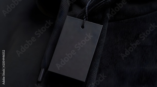 Black Fabric Tag Hanging from Hoodie Drawstring Mockup for Display