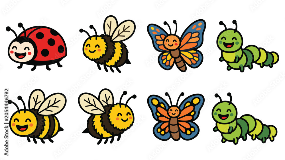 Fototapeta premium Cute cartoon insects ladybug bee butterfly caterpillar set for kids.