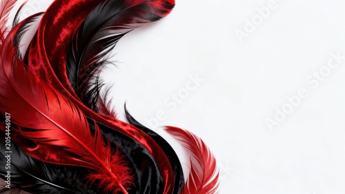 Red and black feathers on white background