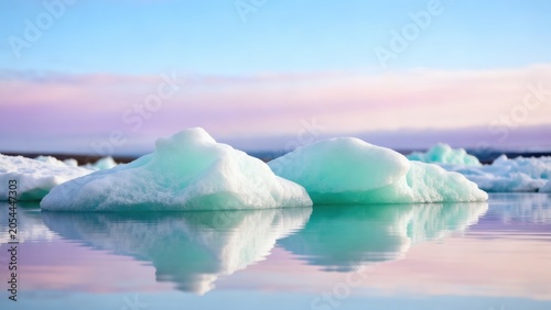 Icebergs in calm water under pastel sky