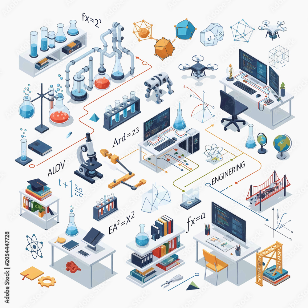 Fototapeta premium An intricate isometric illustration of a modern STEM laboratory, featuring workstations, lab equipment, robotics, drones, mathematical formulas, research.