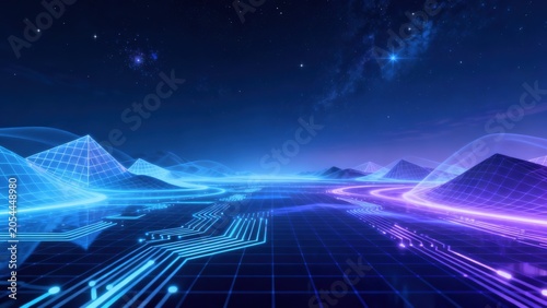 Futuristic digital landscape with glowing mountains