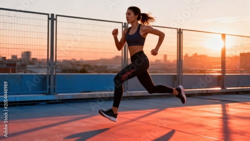 Woman running on rooftop at sunset