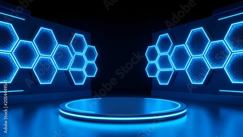 Futuristic blue neon stage with hexagon patterns