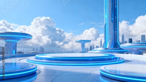 Futuristic blue platform with city skyline