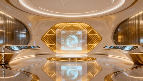 Futuristic hightech room with holographic display