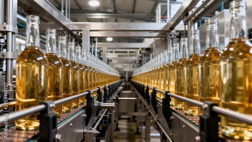 Bottles filled with liquid on conveyor line