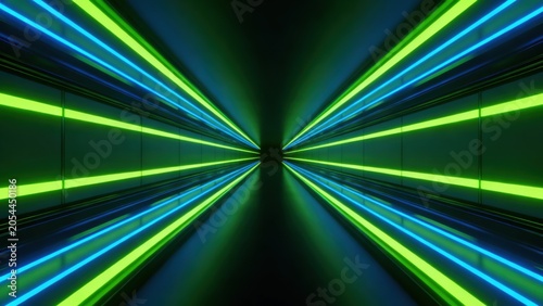 Neon light corridor with green and blue lines