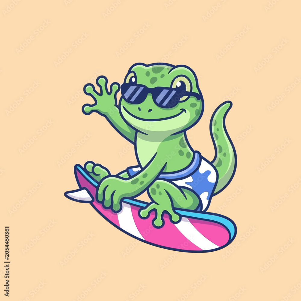 Fototapeta premium Cartoon lizard on surfboard wearing sunglasses.