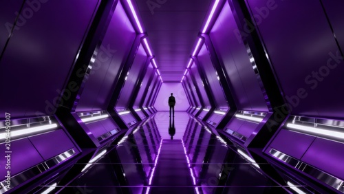Person standing in futuristic corridor