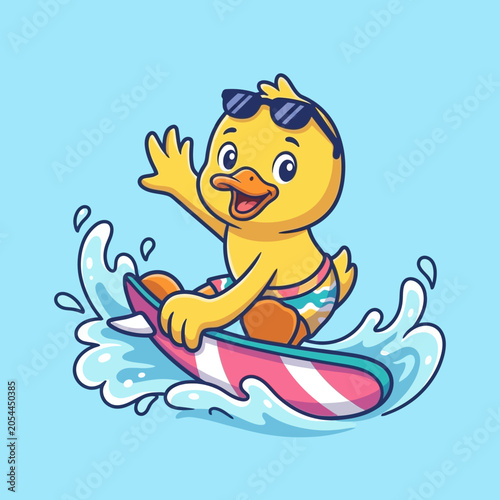 Cartoon duck wearing sunglasses surfing.