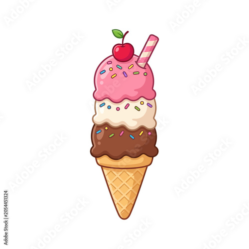 Vector illustration of a charming three-scoop ice cream cone featuring vanilla, pink strawberry, and chocolate, topped with sprinkles and a red cherry.