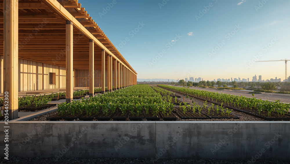 Fototapeta premium 緑化建築の工事現場で植物と木材が配置された朝の風景