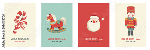 Christmas greeting cards vector set, cute retro holiday templates with Santa, Christmas tree and wreath Christmas. vector illustration