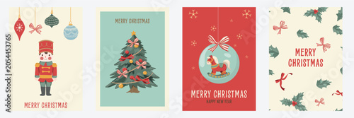 Christmas greeting cards vector set, cute retro holiday templates with Santa, Christmas tree and wreath Christmas. vector illustration
