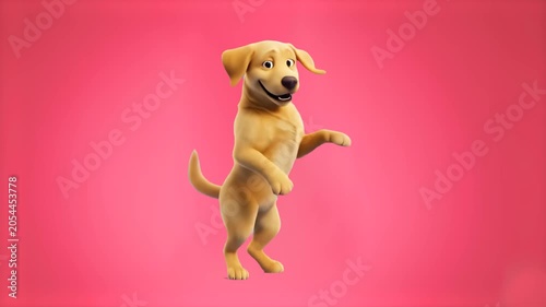A playful 3D animated golden retriever puppy character jumping up and down happily against a solid pink backdrop. Ideal for pet industry marketing, veterinary care social media posts, and colorful you