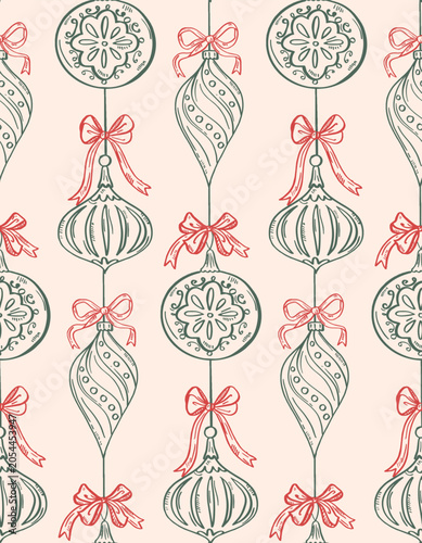 Christmas ornaments seamless pattern, vintage holiday baubles background in folk art style. for Christmas wrapping paper, festive fabric textiles, wallpaper, winter gift packaging. Vector illustration