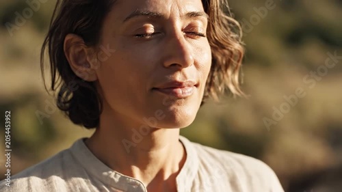 Relaxed woman with eyes closed smiling outdoors in golden light