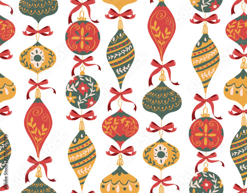 Christmas ornaments seamless pattern, vintage holiday baubles background in folk art style. for Christmas wrapping paper, festive fabric textiles, wallpaper, winter gift packaging. Vector illustration