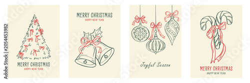 Christmas greeting cards vector set, cute retro holiday templates with nutcracker, rocking horse and santa. vector illustration