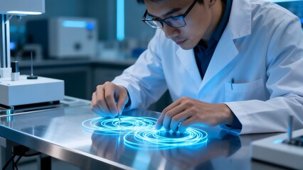 Scientist working with glowing circular patterns