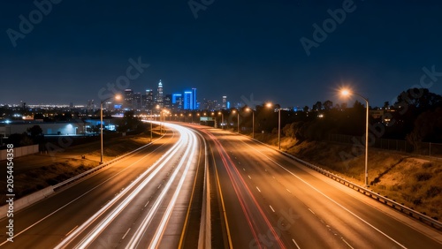 Nighttime highway with city skyline