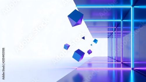 Neon geometric corridor with floating cubes