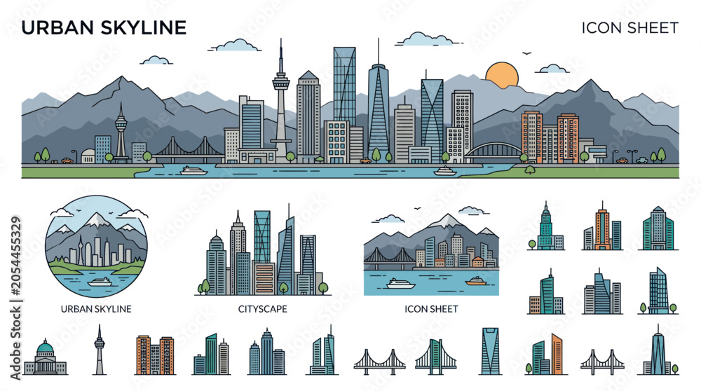 Obraz premium Modern city skyline with mountain backdrop and waterfront buildings