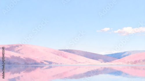 Pink hills and calm lake under blue sky