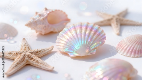Sea shells and starfish on white surface