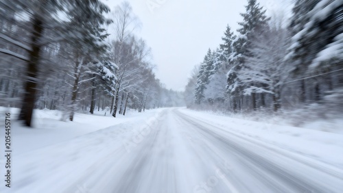 Snowy road through forest with motion blur