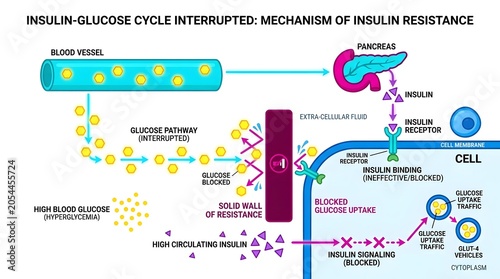 Diagram illustrating the mechanism of insulin resistance and the interrupted insulin-glucose cycle in the human body.
