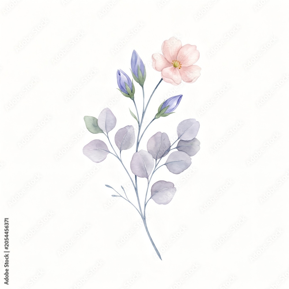 Fototapeta premium Delicate Watercolor Botanical Sprig With Soft Bloom 