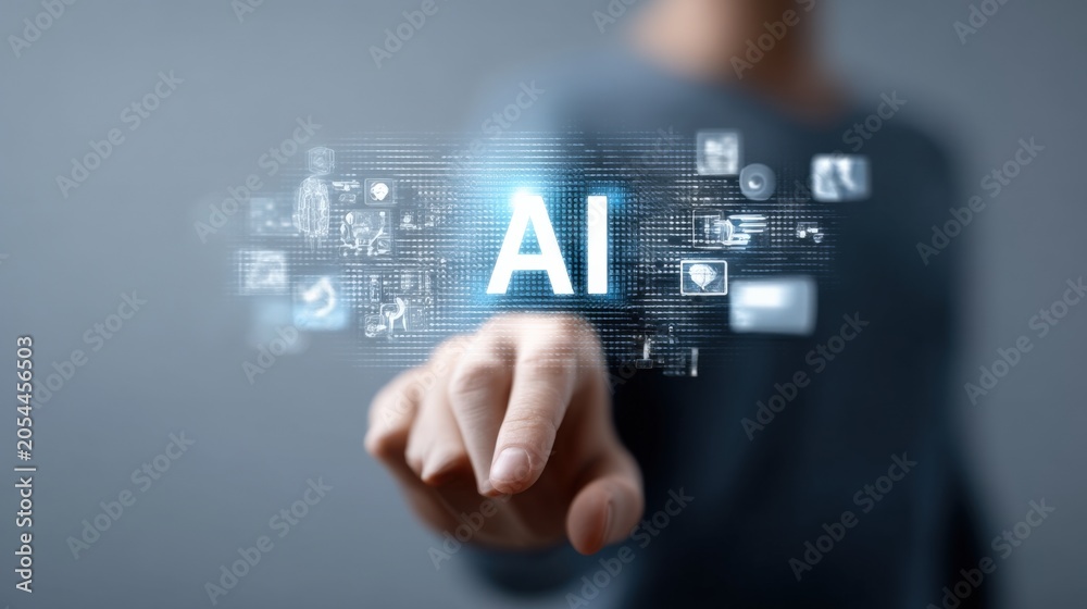 Fototapeta premium Person Touching Futuristic Digital Interface with AI and Data Icons