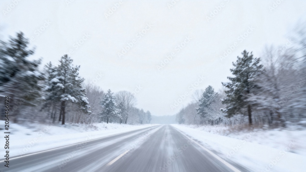 Fototapeta premium Snowy road with trees on both sides