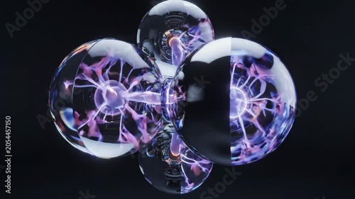 Plasma sphere glowing purple electric arc light energy discharge in dark artisan workshop science technology environment display