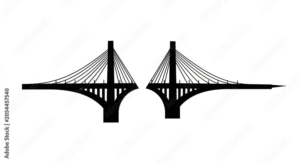 Fototapeta premium Cable-stayed bridge silhouette vector icon, modern architecture outline, infrastructure connection symbol, geometric design element