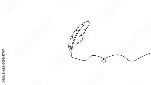 Feather quill animation in continuous line drawing style for creative writing concepts. Minimalist single line art animation of a classic feather quill on a clean white background.