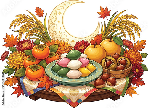 Chuseok Harvest Food Arrangement with Traditional Foods and Clay Barrel
