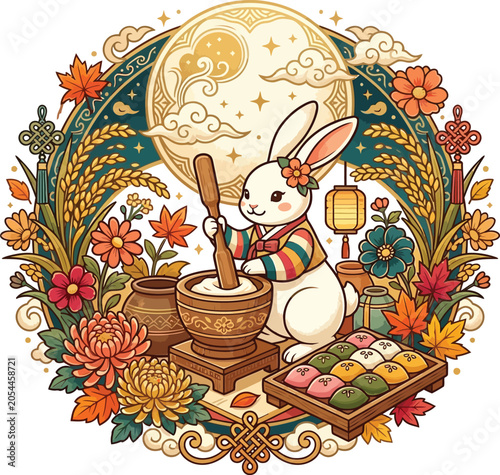 Chuseok Rabbit Making Rice Cakes with Rice Harvest and Clay Barrel Scene