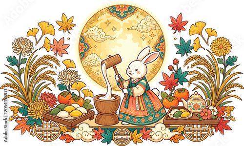Chuseok Rabbit Making Rice Cakes with Rice Harvest and Clay Barrel Scene