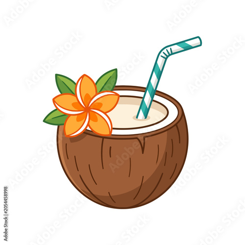 A cute cartoon illustration of a fresh coconut drink with a tropical flower and a straw.