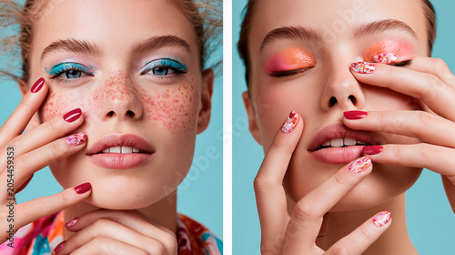Beauty Diptych of Woman with Bright Eyeshadow, Faux Freckles, and Floral Manicure