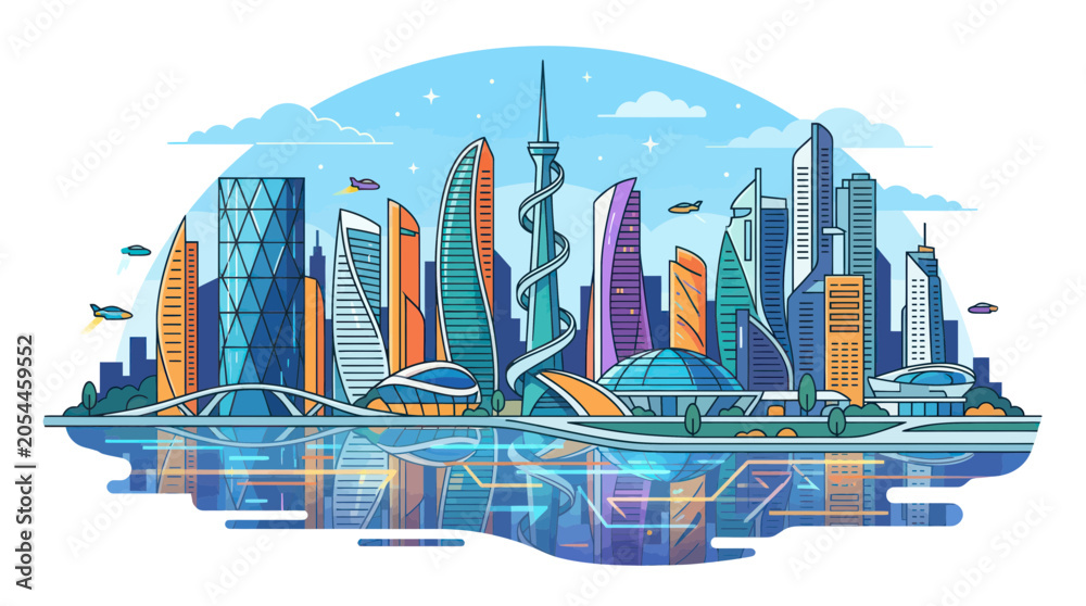 Obraz premium Modern futuristic city skyline with skyscrapers and flying cars