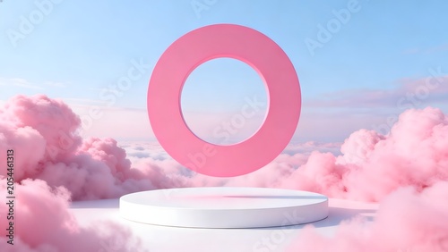 Pink circle above white platform in sky