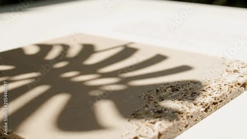 Bio based composite material panel with natural texture and shadow of leaf on surface in sunlight and soft light conditions