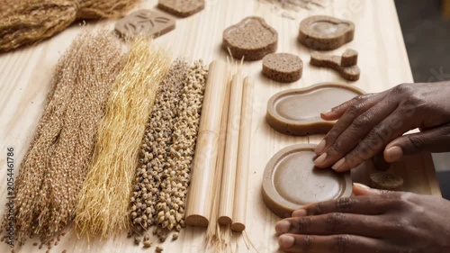 Bio based composite material with natural fiber and seed pods arranged on wooden table for eco friendly design shaping clay